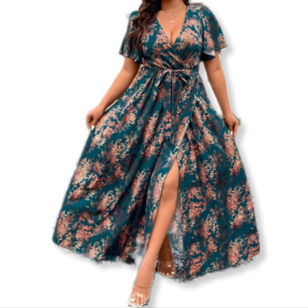 SHEIN Belle Plus Size Women's Full Printed Wrap Design Split Dress